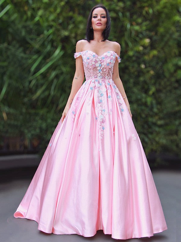 Satin Applique Off-the-Shoulder Sleeveless Sweep/Brush Train Dresses