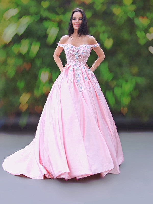 Satin Applique Off-the-Shoulder Sleeveless Sweep/Brush Train Dresses