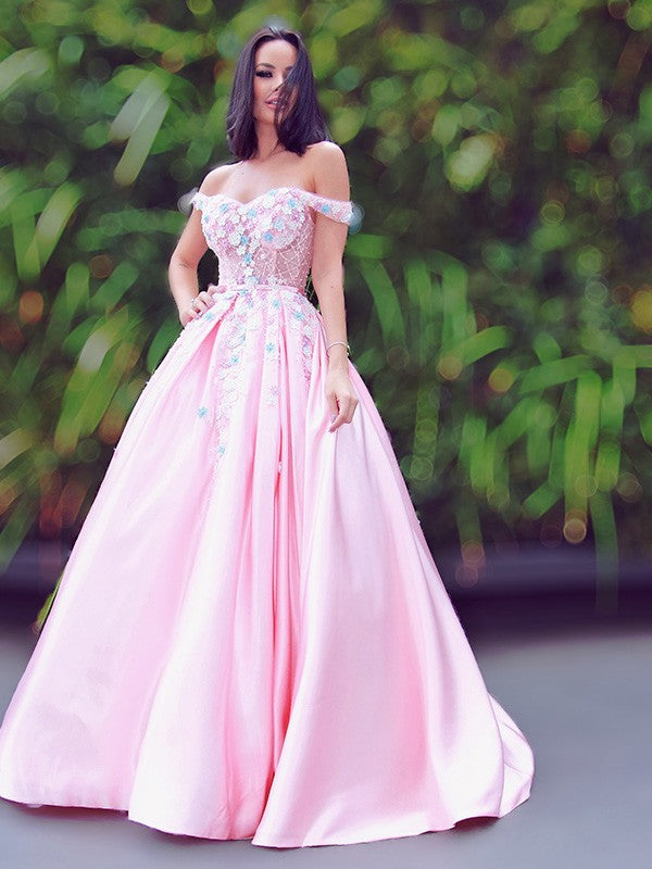 Satin Applique Off-the-Shoulder Sleeveless Sweep/Brush Train Dresses