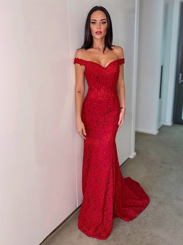 Off-the-Shoulder Sleeveless Lace Ruffles Sweep/Brush Train Dresses