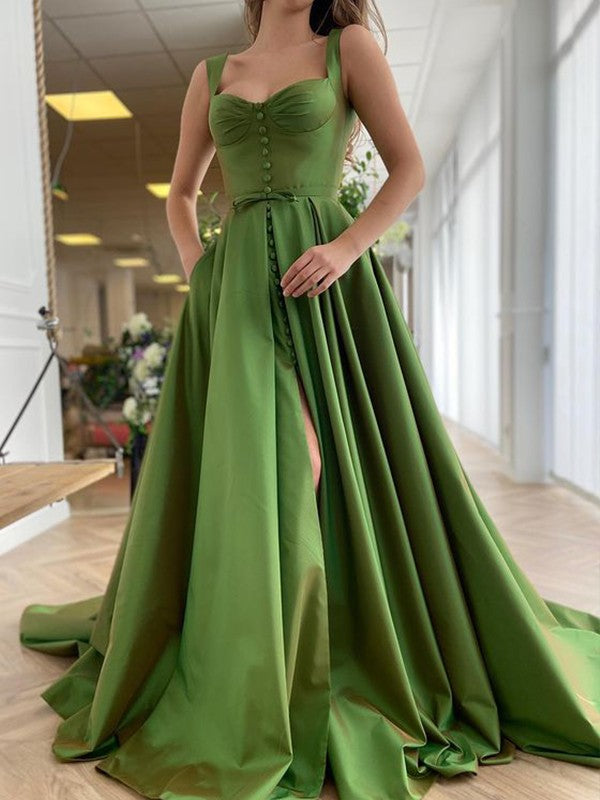 Court Train Straps Sleeveless Satin Ruffles Dresses