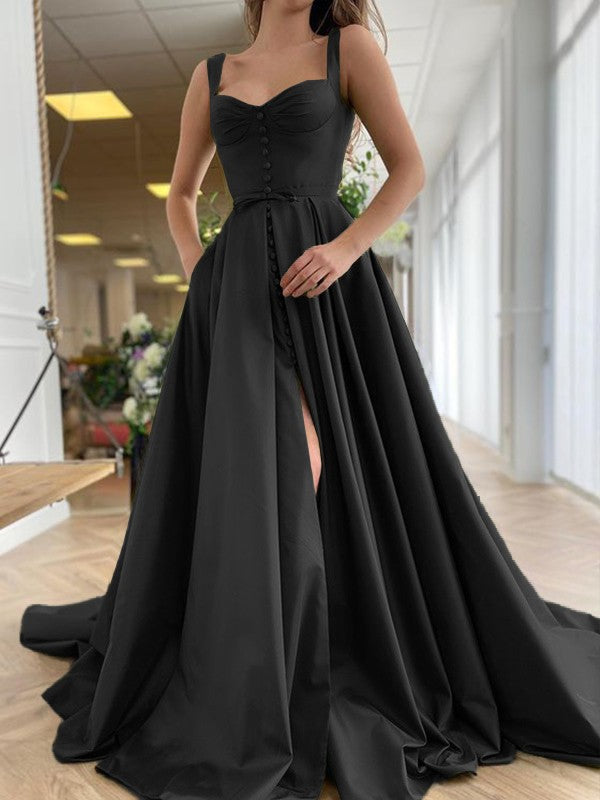 Court Train Straps Sleeveless Satin Ruffles Dresses