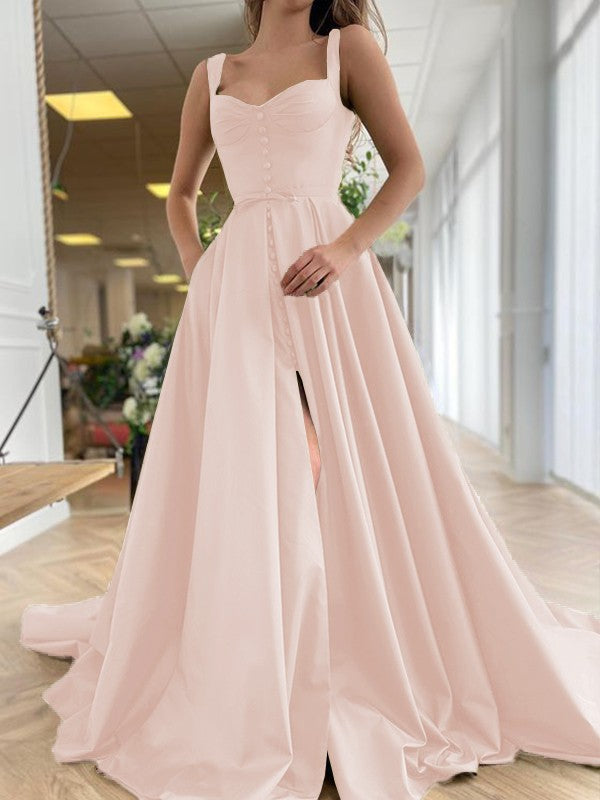 Court Train Straps Sleeveless Satin Ruffles Dresses