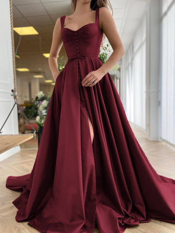 Court Train Straps Sleeveless Satin Ruffles Dresses