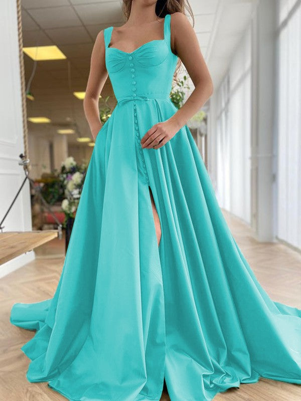 Court Train Straps Sleeveless Satin Ruffles Dresses