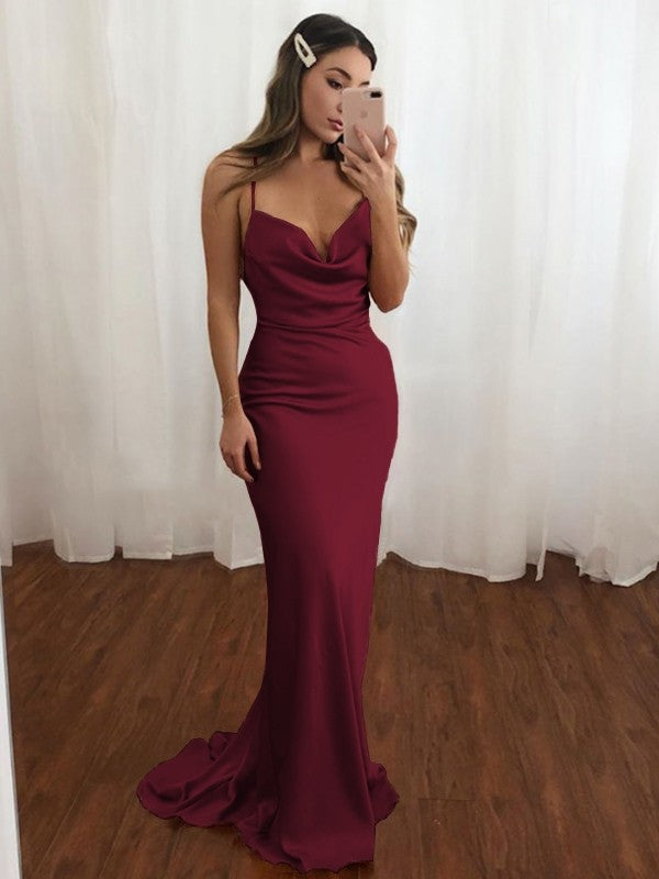 Sheath/Column Spaghetti Straps Ruched Sleeveless Train Dresses