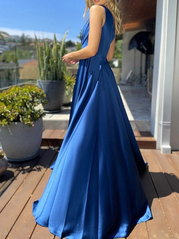 Satin Ruffles One-Shoulder Sleeveless Sweep/Brush Train Dresses