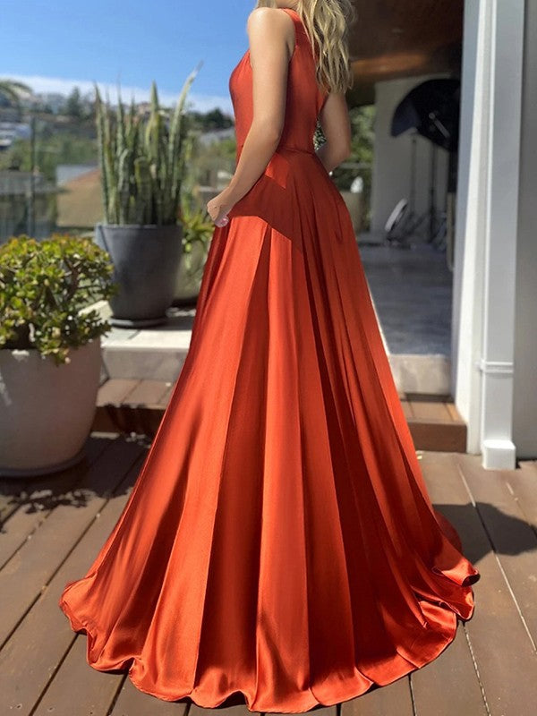 Satin Ruffles One-Shoulder Sleeveless Sweep/Brush Train Dresses