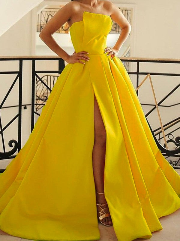 Satin Ruffles Strapless Sleeveless Sweep/Brush Train Dresses