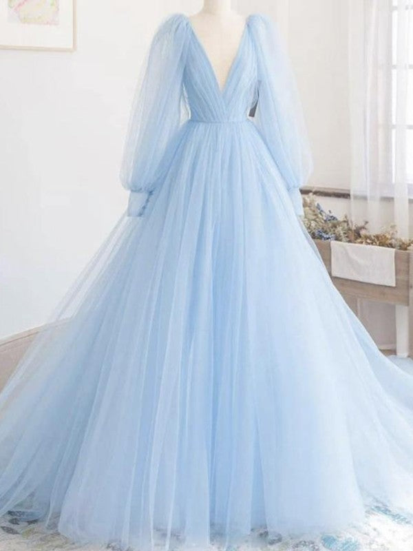 Tulle Ruffles V-neck Long Sleeves Sweep/Brush Train Dresses