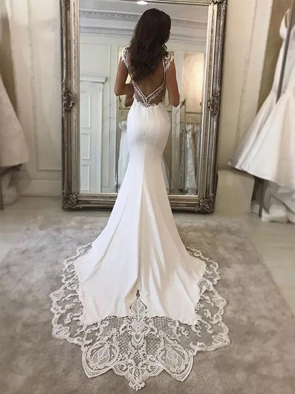 Sheath/Column Lace V-neck Sleeveless Sweep/Brush Train Wedding Dresses