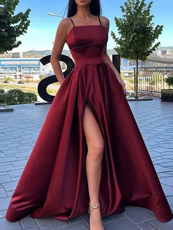 Satin Ruffles Spaghetti Straps Sleeveless Floor-Length Dresses