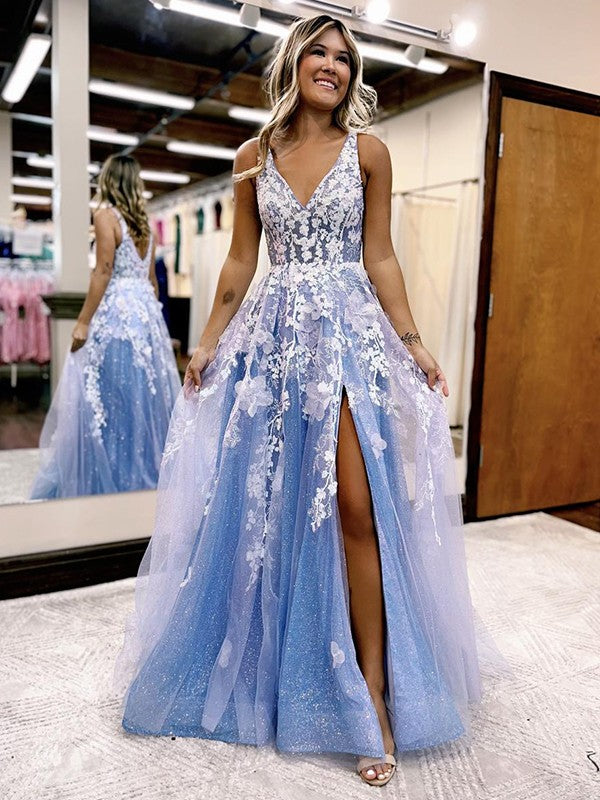 Tulle Applique V-neck Sleeveless Sweep/Brush Train Dresses