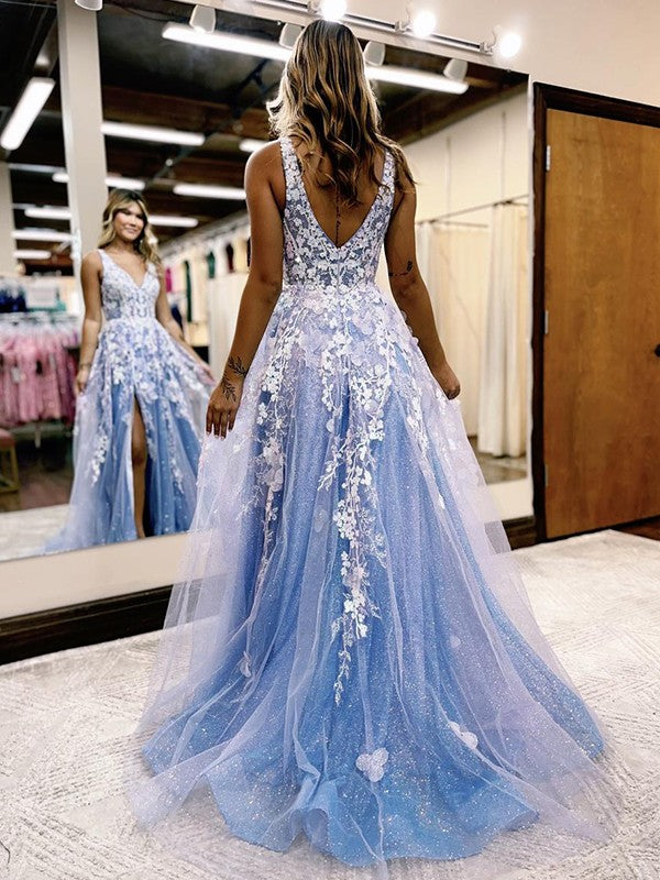 Tulle Applique V-neck Sleeveless Sweep/Brush Train Dresses