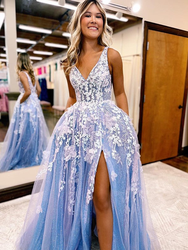 Tulle Applique V-neck Sleeveless Sweep/Brush Train Dresses