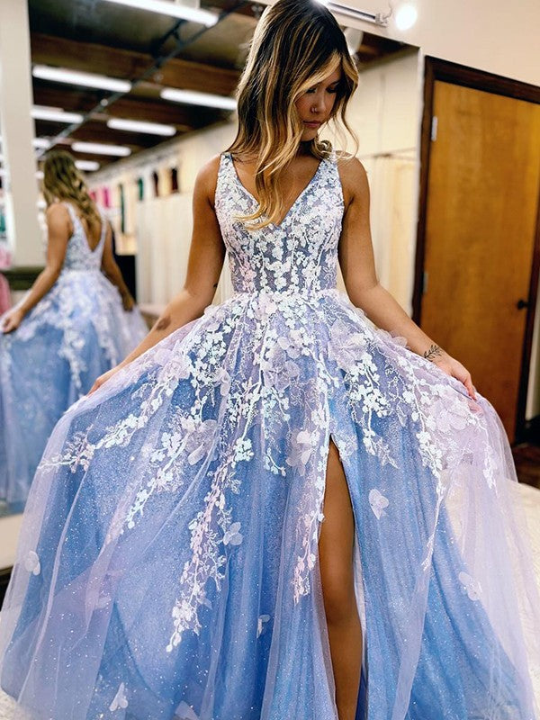 Tulle Applique V-neck Sleeveless Sweep/Brush Train Dresses