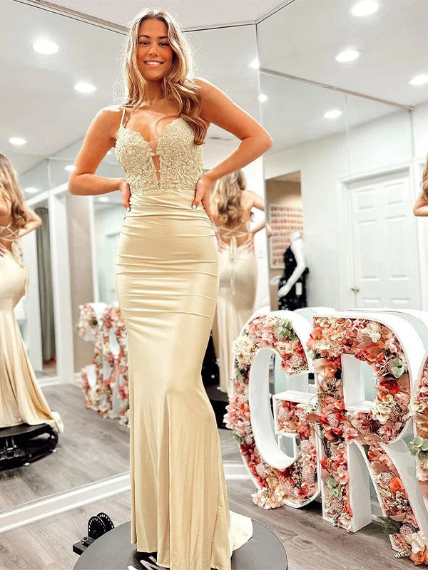 Applique V-neck Sleeveless Sweep/Brush Train Dresses