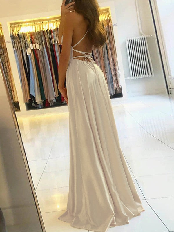 Vestidos de satén con volantes, tirantes finos, sin mangas y cola larga