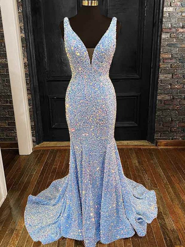 Vestidos de terciopelo con lentejuelas, escote en V, sin mangas y cola larga