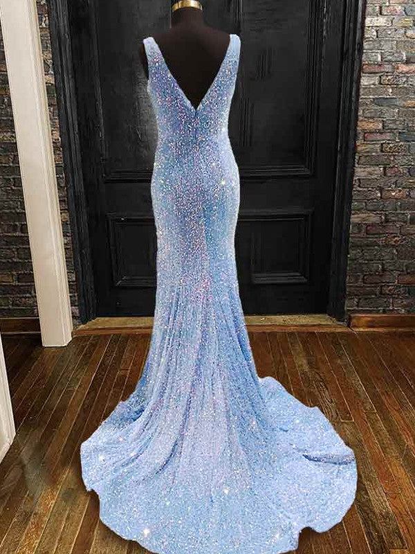 Vestidos de terciopelo con lentejuelas, escote en V, sin mangas y cola larga