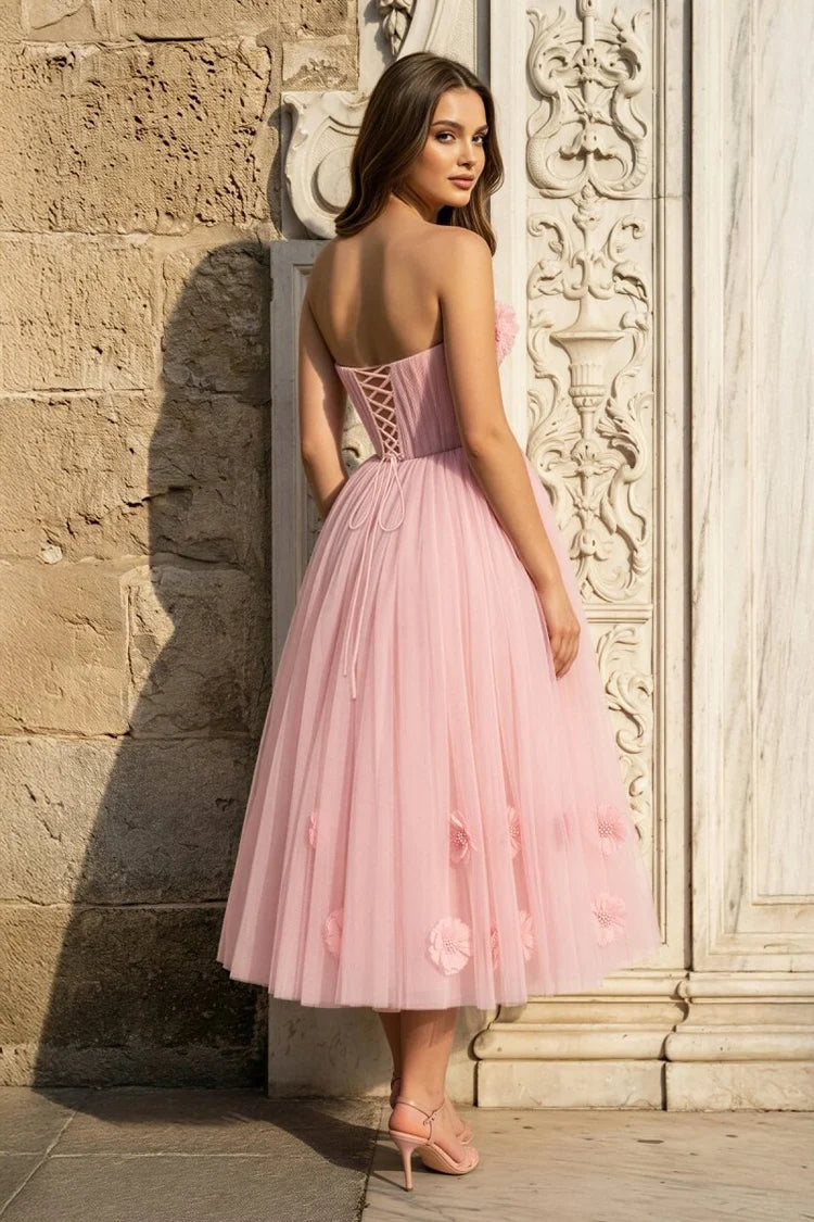 Blushing Pink Tulle A-Line Straight Across Lace-Up Back Tea-Length Dress