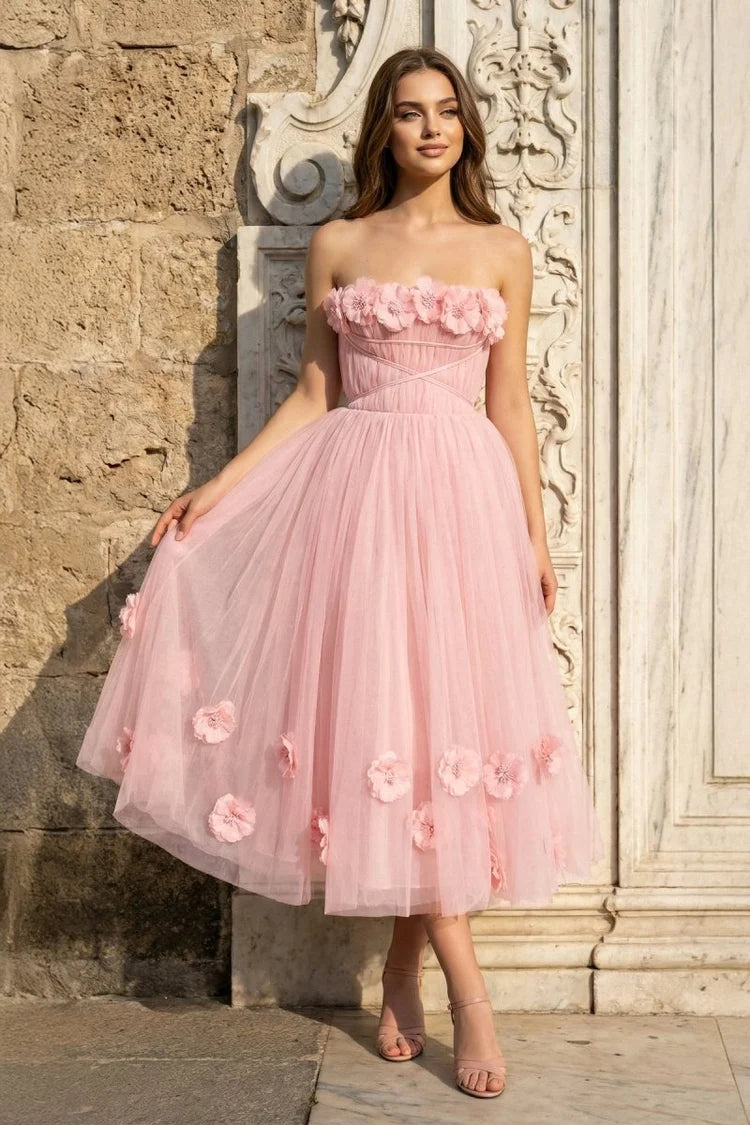 Blushing Pink Tulle A-Line Straight Across Lace-Up Back Tea-Length Dress