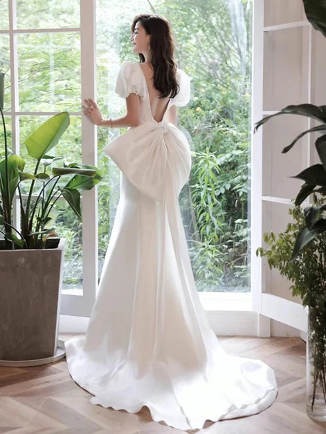 Ivory Satin Mermaid Square Neck Low Back Floor-Length Dress