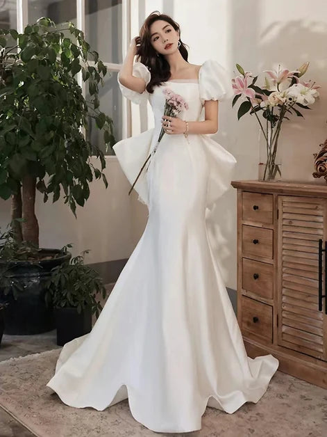 Ivory Satin Mermaid Square Neck Low Back Floor-Length Dress