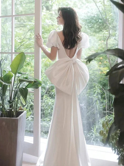 Ivory Satin Mermaid Square Neck Low Back Floor-Length Dress