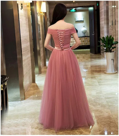 Dusty Pink Off Shoulder Tulle Gown Satin Belt Corset Back