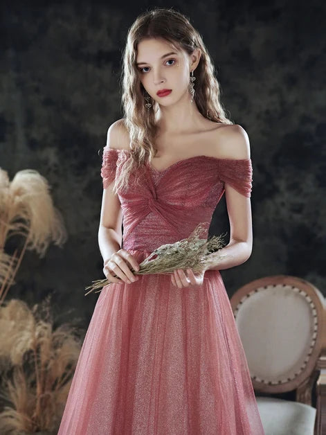 Romantic A-line Off Shoulder Short Sleeve Zipper Back Long Prom Dress