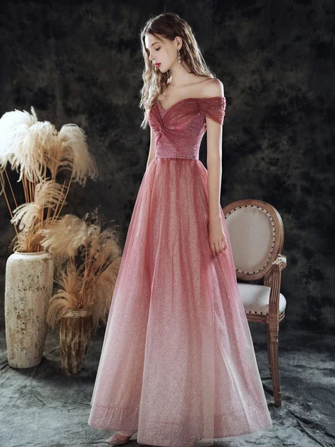 Romantic A-line Off Shoulder Short Sleeve Zipper Back Long Prom Dress