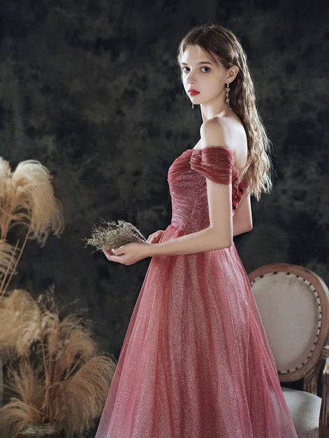 Romantic A-line Off Shoulder Short Sleeve Zipper Back Long Prom Dress