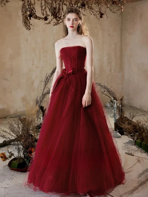 Burgundy Tulle A-Line Straight Across Lace-Up Back Floor Length Dress