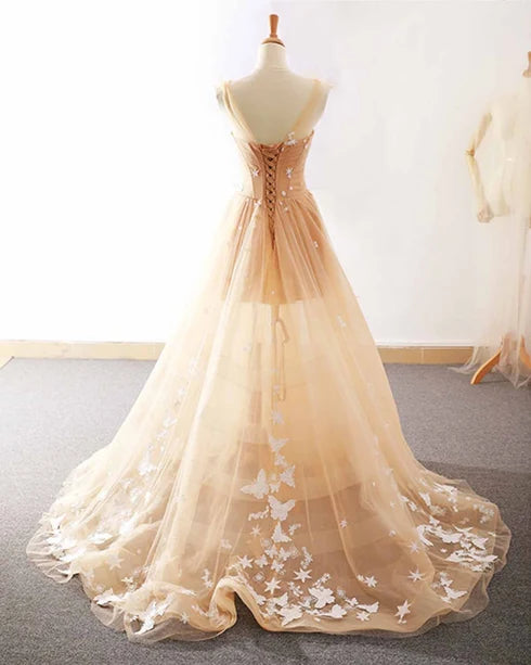 Champagne Sheer Neck Butterfly Star Lace Tulle A Line Prom Dress