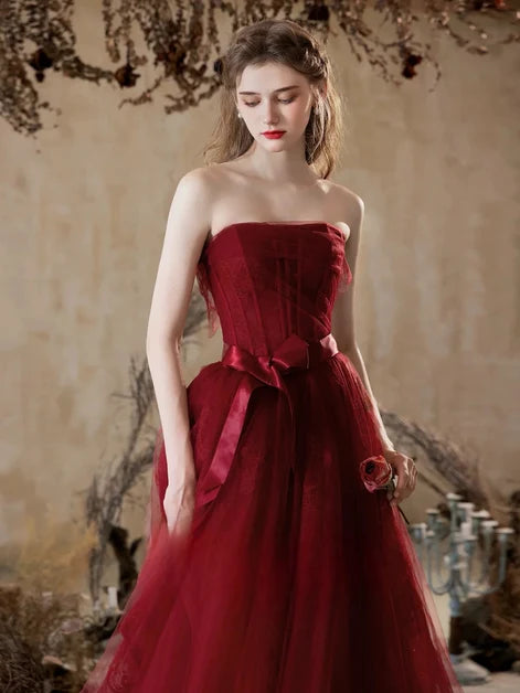 Burgundy Tulle A-Line Straight Across Lace-Up Back Floor Length Dress