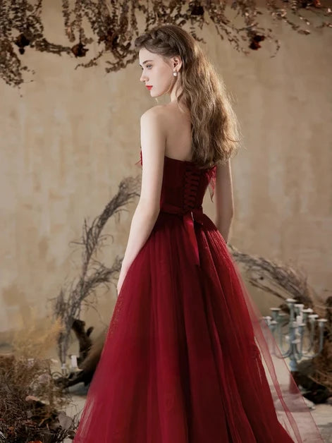 Burgundy Tulle A-Line Straight Across Lace-Up Back Floor Length Dress