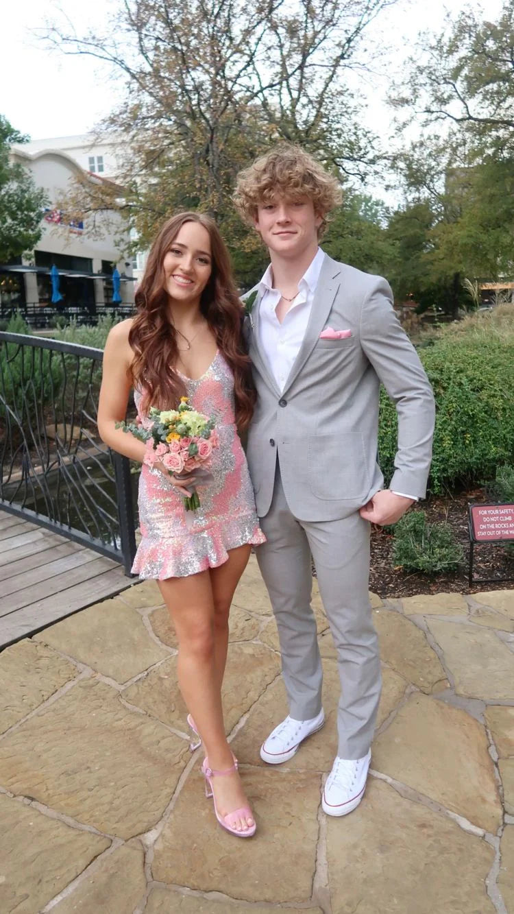 Spaghetti Straps Ruffle Sleeveless Sequins Short Homecoming Dress