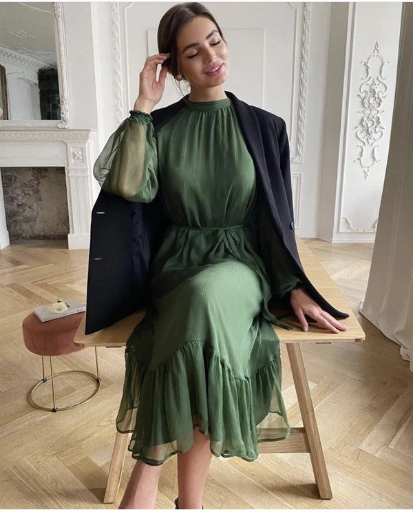 A-line Long Sleeved Tulle Fabric Ankle Length Prom Dress