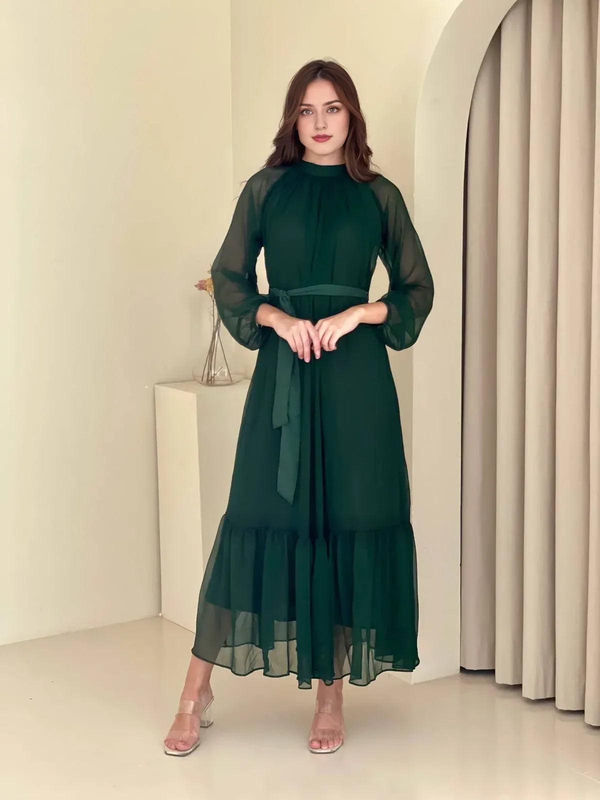 A-line Long Sleeved Tulle Fabric Ankle Length Prom Dress