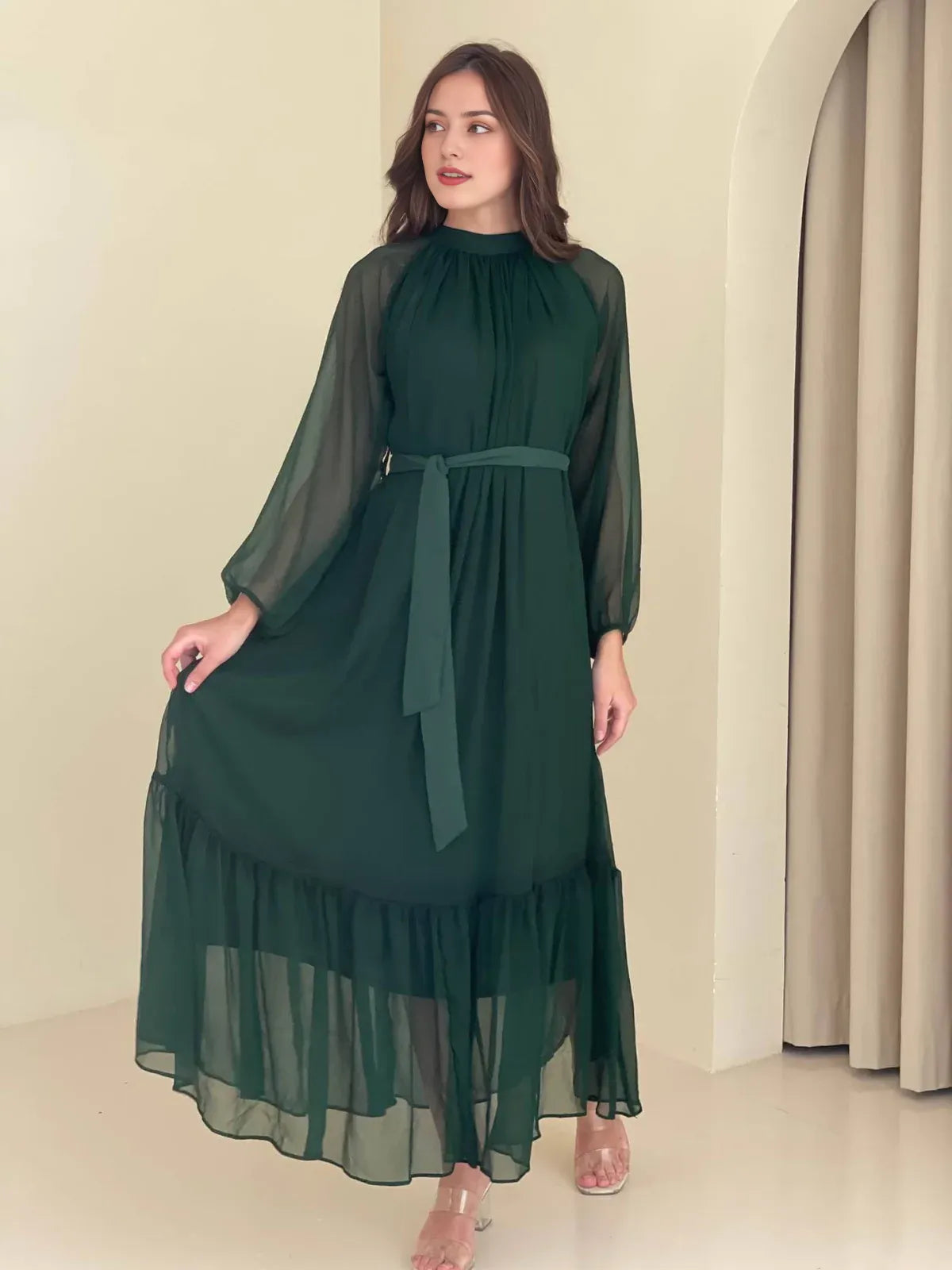 A-line Long Sleeved Tulle Fabric Ankle Length Prom Dress