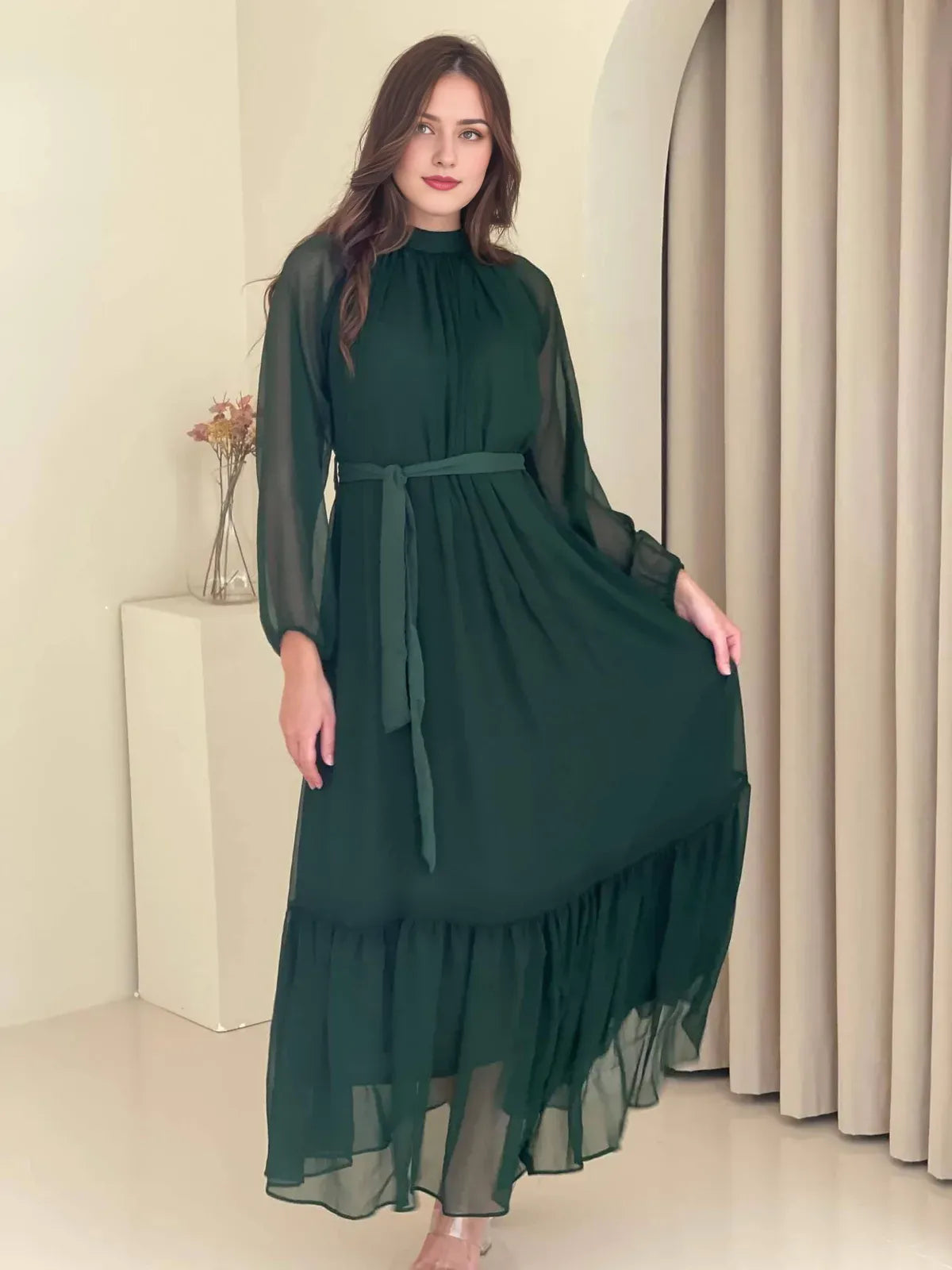 A-line Long Sleeved Tulle Fabric Ankle Length Prom Dress