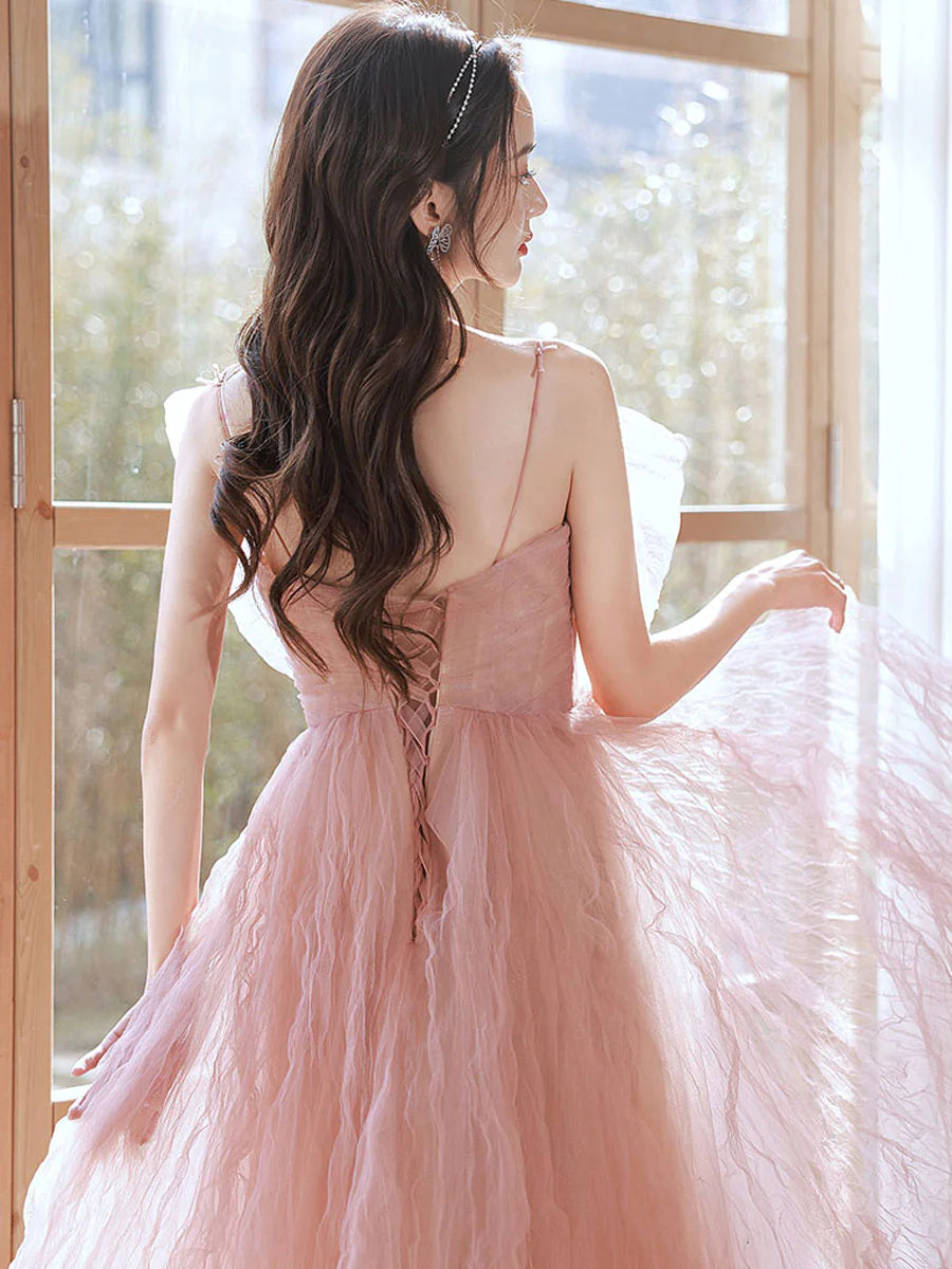 Weitese Beautiful A Line Spaghetti Straps Blush Long Formal Dress with Bowknot