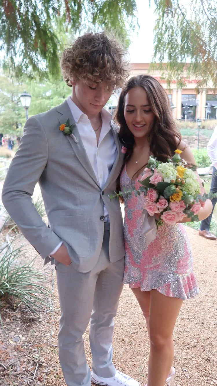 Spaghetti Straps Ruffle Sleeveless Sequins Short Homecoming Dress