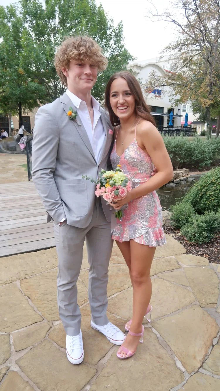 Spaghetti Straps Ruffle Sleeveless Sequins Short Homecoming Dress