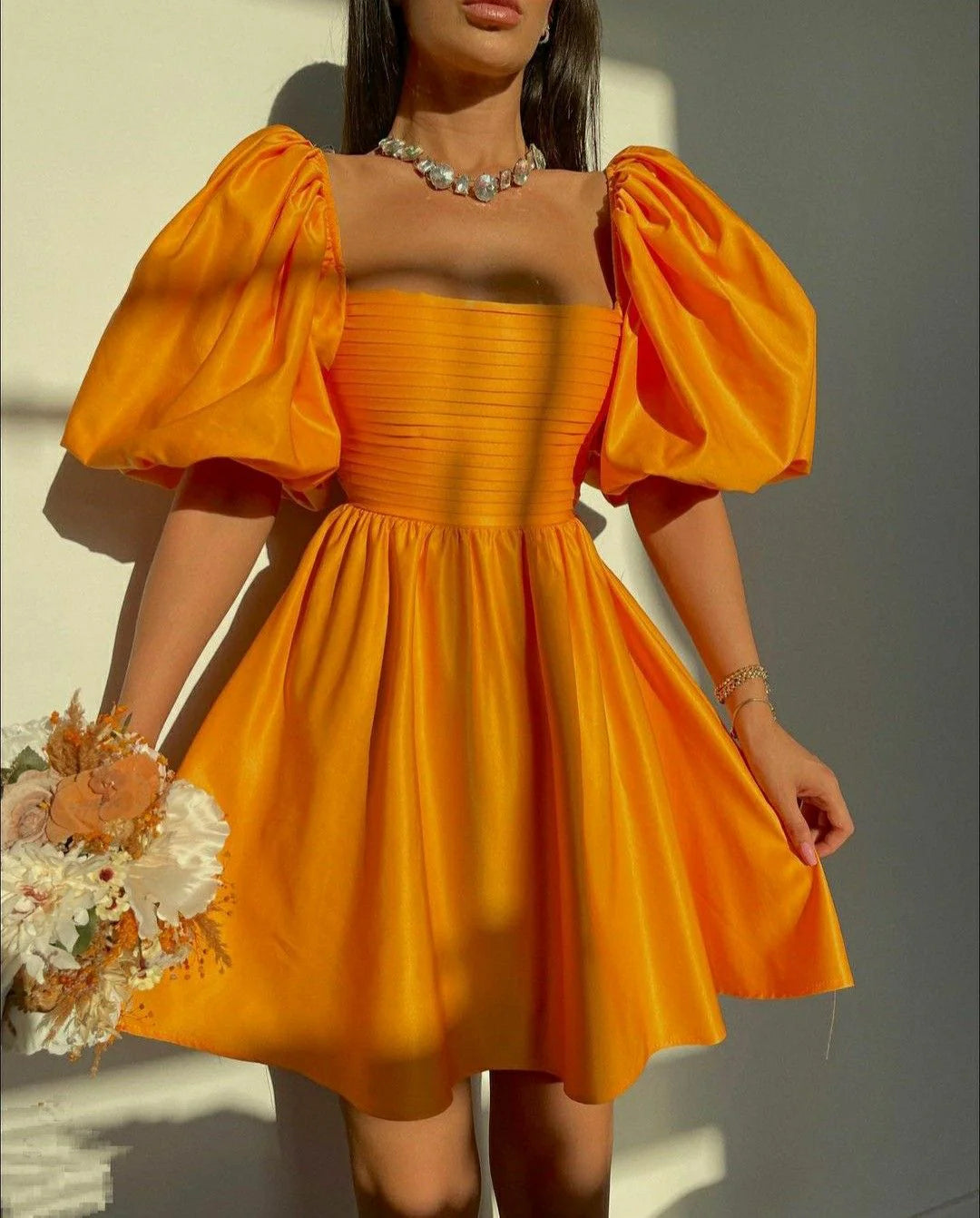 Weitese Dresses Formal Retro Style Orange Puff Sleeve A-line Homecoming Dress Orange Cocktail Dress Stores With Prom Dresses