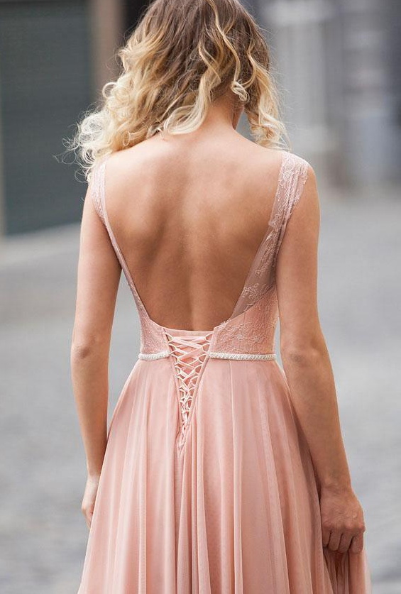 Vestidos de fiesta modestos de gasa con encaje rosa ruborizado, sin mangas, sin espalda, corte A, largos, vestidos formales para mujer 