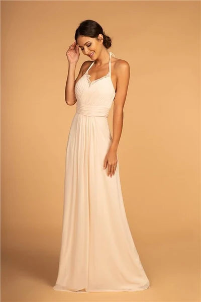 Champagne A-Line Halter V-Neck Lace Trim Chiffon Bridesmaid Gown