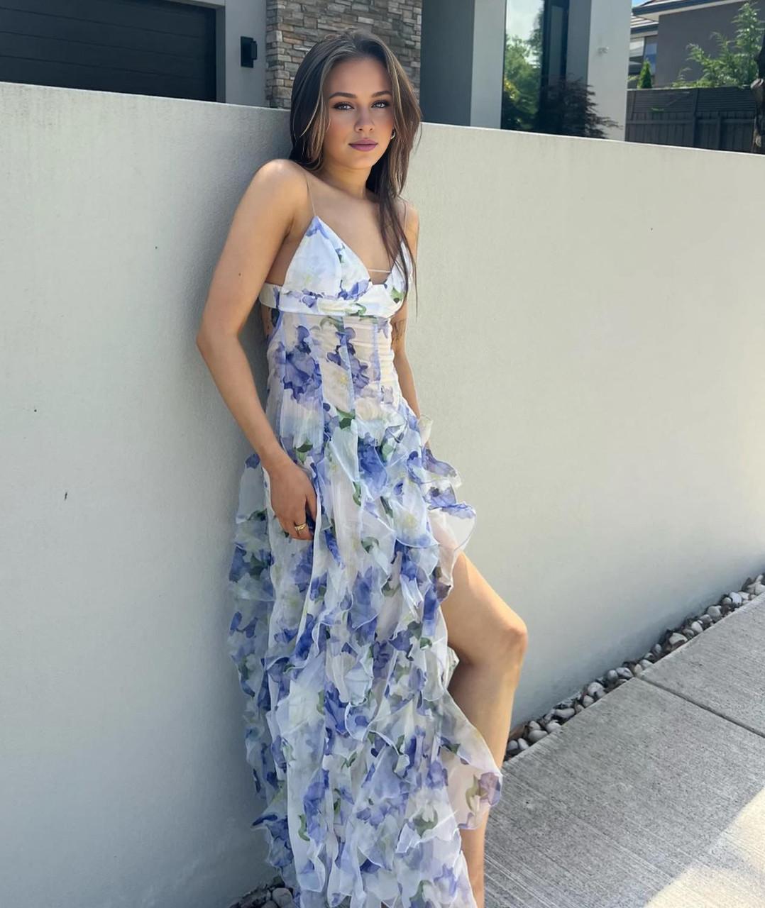 Weitese Dress Retro Sheath Spaghetti Straps Floral Blue Slit Chiffon Long Party Dress Prom Dresses