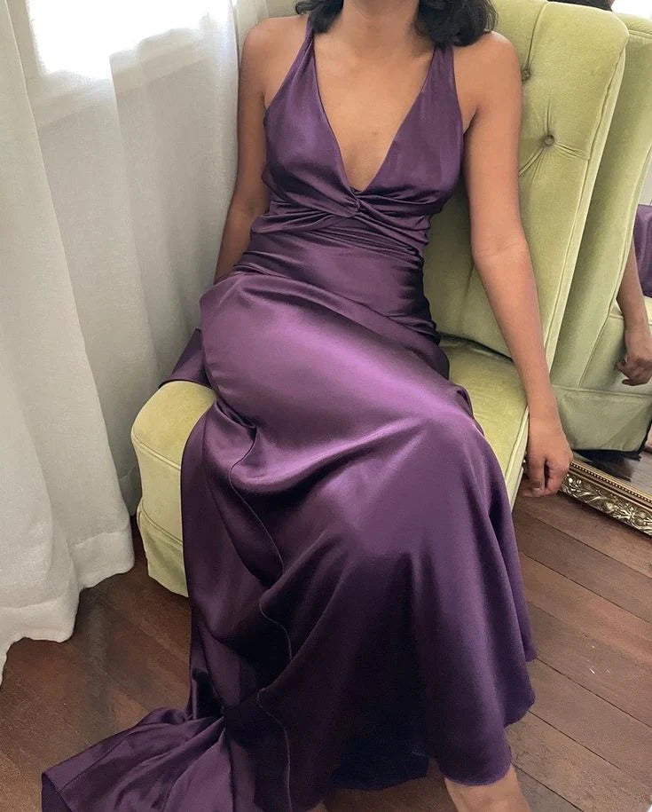 Weitese Formal Wear Dresses Elegant Dark Purple V Neck Halter Vintage Prom Dress Stores With Prom Dresses Formal Women's Dresses